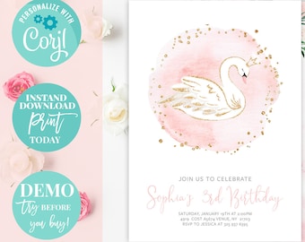 Swan birthday invitation, Swan Invitation, Swan Princess Invitation, Swan Birthday Party, Swan Princess Birthday invitation INSTAND DOWNLOAD