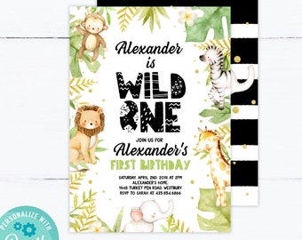 Editable Wild one Invitation Jungle Safari Animals Zoo Instant Download Printable Template Digital Corjl