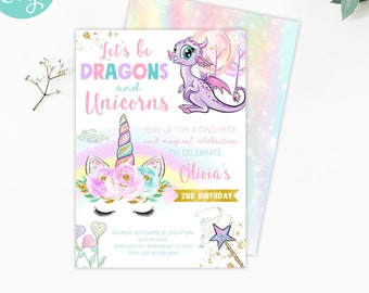 Unicorn And Dragon Invitation Unicorn Dragon Birthday Invitation Sibling Girl Boy Unicorn Dragon Party Instant Download Editable