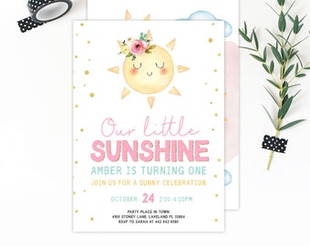 Editable Our Little Sunshine Birthday Invitation You Are My Sunshine First Birthday 1st Party Pink Girl Bow Download Corjl Template