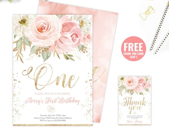 EDITABLE Blush Pink Floral Baby's First Birthday Party Invitation, Boho Girl, Printable 1st Birthday Invite Template, One Instant download