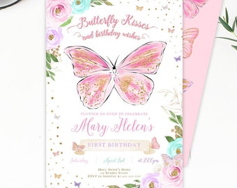 Editable Butterfly Birthday Invitation Butterfly Invitation Garden Floral Flowers Pink Gold Girl Download Printable Template Corjl