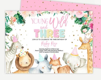Editable Young Wild and Three Invitation Girl Pink  and Gold Safari Animals Zoo Instant Download  Printable Template Digital Corjl