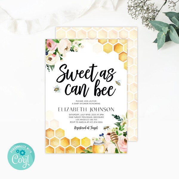 Babee Shower Invitation Template, Printable Bee Baby Shower Invite, Honeycomb, Instant Download, Editable Text, DIY, Templett #097-151BA