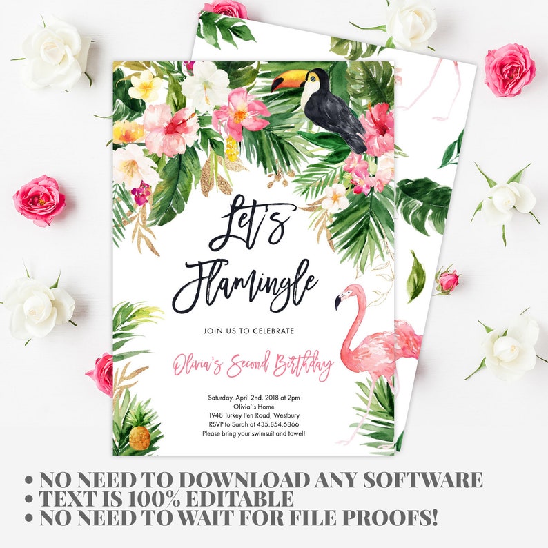 Flamingo Birthday Invitation Tropical Pineapple Summer Etsy