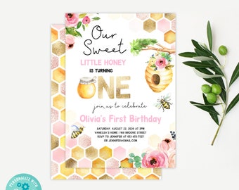 Editable Little Honey Birthday Party Invitation Bee-Day Invite Bee Party Bee Birthday Summer Download Printable Template Digital Corjl