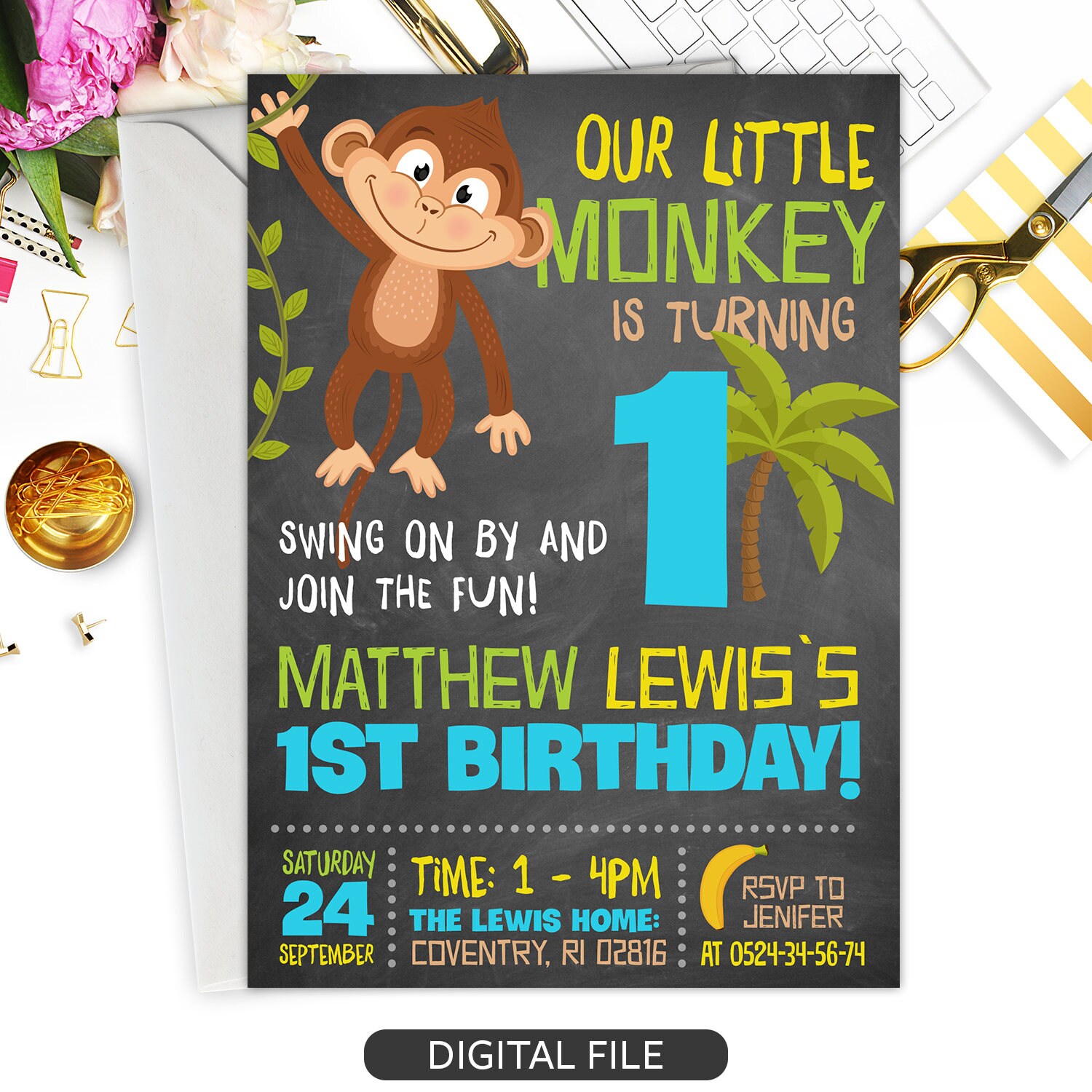 Monkey Invitation Monkey Birthday Invite Monkey Invitations Etsy