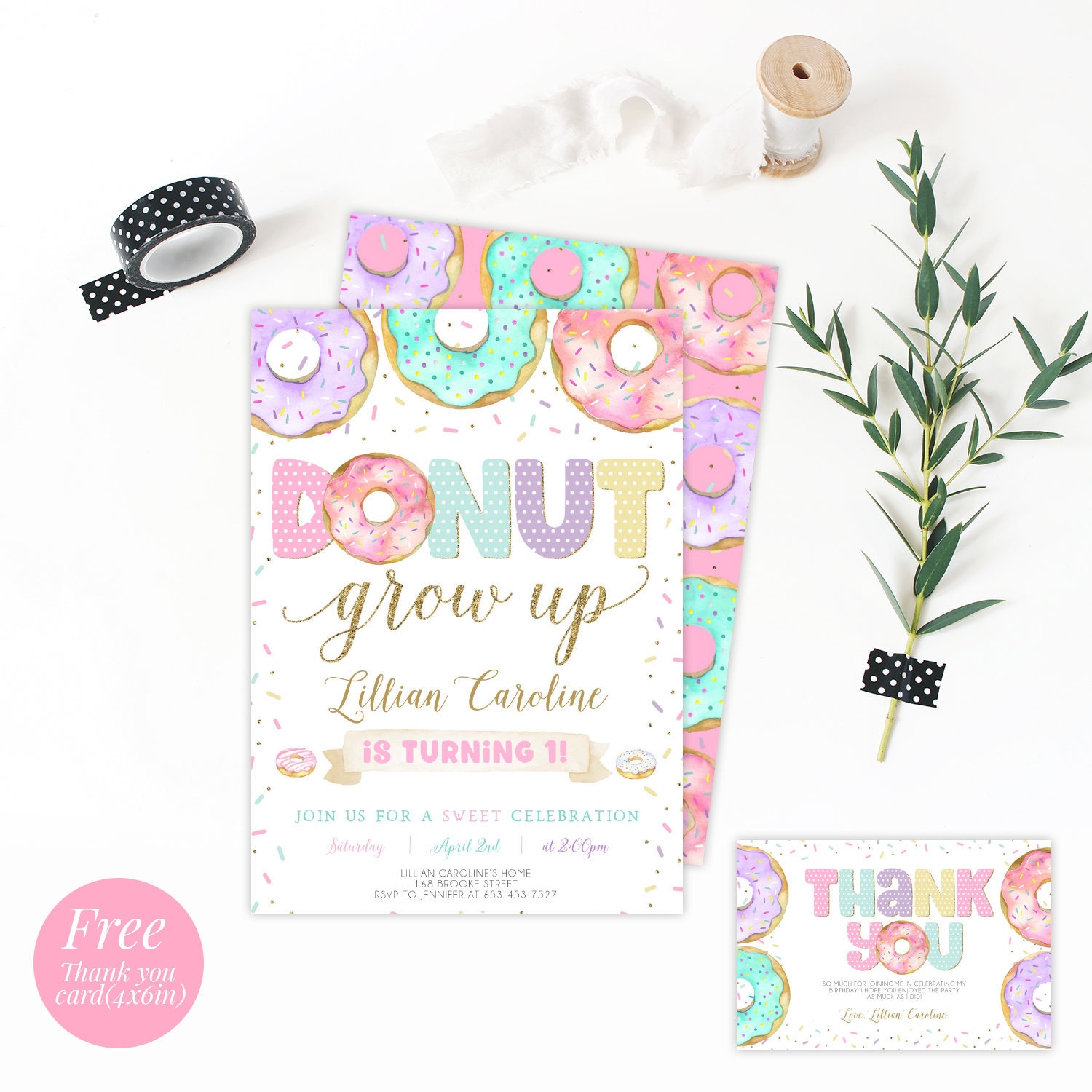 Editable Donut Birthday by Mail Invitation First Birthday 1st by Mail Invitation 100 Sprinkle by Mail Invitation