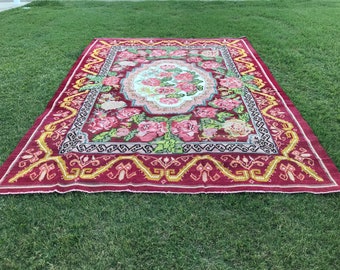 8.7x12 ft Colorful Vintage Turkish Kilim Rug, Colorful Rug, Floral Rug