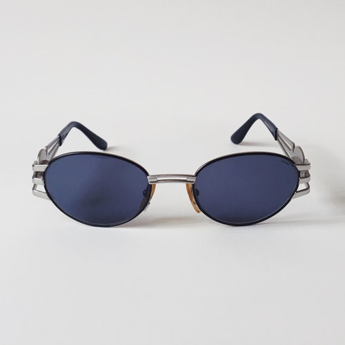 Exess Vintage Oval Sunglasses Metal Frame Silver & Dark Blue 90's - Original Designer shops Sunglasses