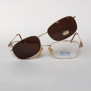 Blue Ray Vintage Rectangle Eyeglasses & Clip On Sunglasses Gold Frame 90s NOS - Mens Womens