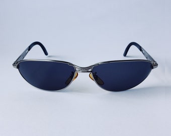 Police Vintage Oval Sunglasses Silver Frame Blue 80s - Designer Sunglasses