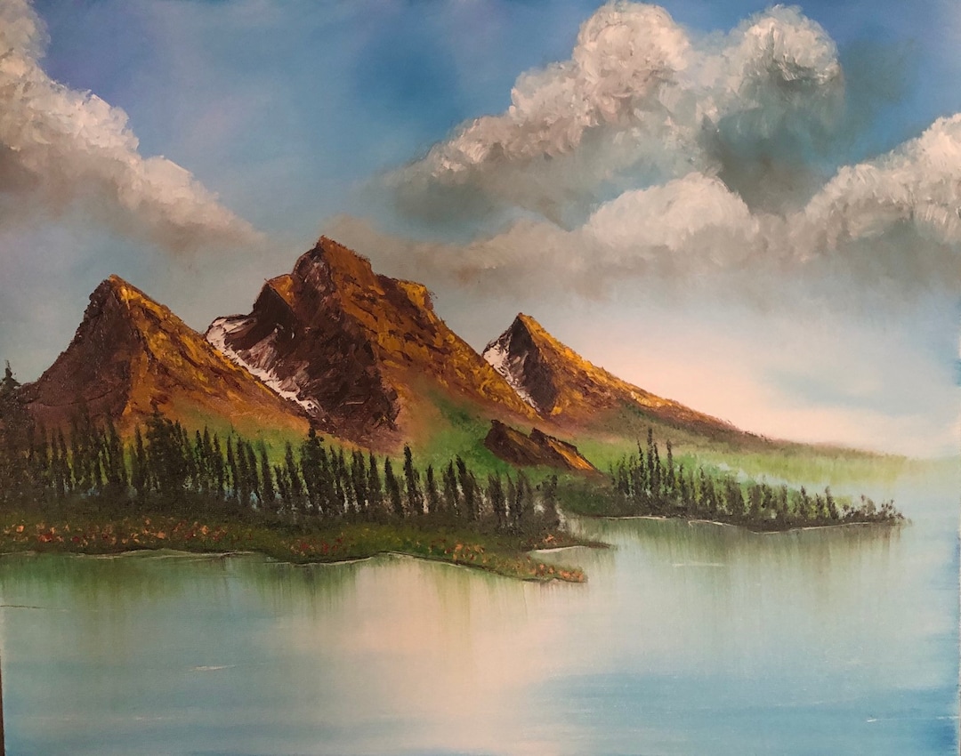 Original Art, Oil Painting, Scenery, Nature, Brown Mountains, Lake