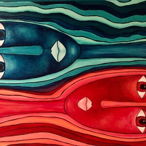 May include: An abstract painting featuring two stylized faces, one in shades of blue and the other in red. Each face has large eyes and a simple mouth. The background has wavy lines in complementary colors.
