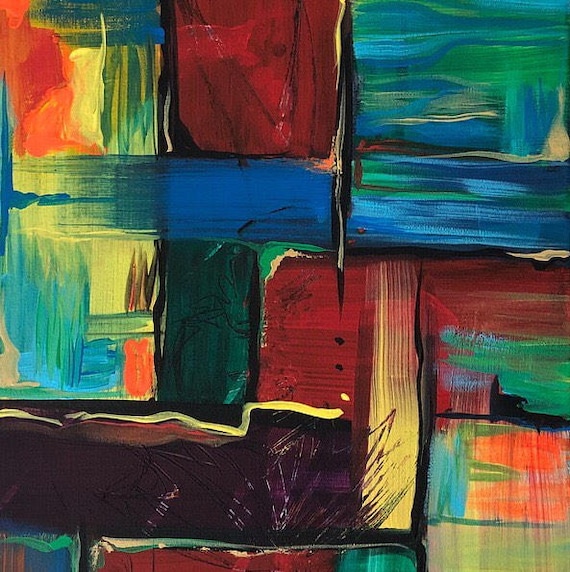 11x14 Red Geometric Acrylic Abstract Squares Painting Original Modern Art.