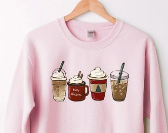 Bluza świąteczna, zimowa bluza z kawą, słodka świąteczna koszulka dla miłośników kawy, kubek do miętowego latte, prezent świąteczny w kształcie bałwana z laską cukrową