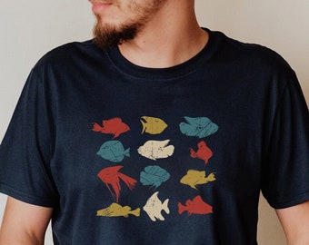 T-shirt Unisexe Aquarium - Impression Graphique Poissons - Coton - Marque Gildan - NEUF AVEC ÉTIQUETTES