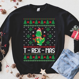 T-REX-MAS Christmas sweater, Funny T Rex with Christmas lights and Hat Christmas sweater design, Dinosaur Lover, Christmas Party Shirt