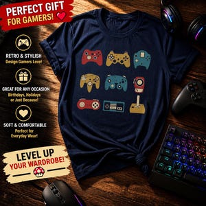 Camiseta con diseño de mandos de videojuegos, regalo para jugadores de videojuegos, camiseta gráfica retro vintage con colores para gamers, regalo para gamers, divertida camiseta para gamers.
