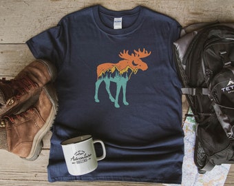 Mountain Moose Shirt, Camping TShirt, Wilderness Travel Tee, Outdoor Adventure Retro Vintage Colors Shirt, Moose Forest Outside Camper Gift