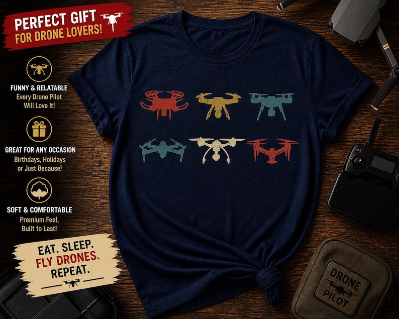 May include: Navy blue t-shirt featuring six drone illustrations in various colors. The shirt includes the text "EAT. SLEEP. FLY DRONES. REPEAT." and other text that reads "PERFECT GIFT FOR DRONE LOVERS!" and "FUNNY & RELATABLE".