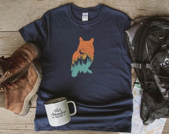 Mountain Owl Shirt, Camping TShirt, Wildnis Reise Tee, Outdoor Abenteuer Retro Vintage Farben Shirt, Eule Wald Draußen Camper Geschenk
