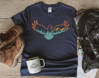 Mountain Eagle Shirt, Camping TShirt, Wilderness Travel Tee, Outdoor Adventure Retro Vintage Colors Shirt, Eagle Forest Outside Camper Gift
