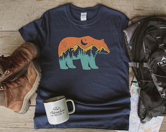 Mountain Bear Shirt, Camping TShirt, Wilderness Travel Tee, Outdoor Adventure Retro Vintage Colors Shirt, Bear Forest Outside Camper Gift