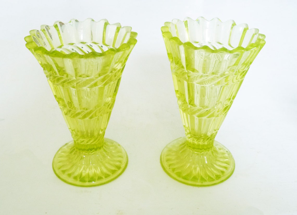 A Pair Of Uranium Vaseline Glass Vases By Henry Greener Etsy Uk