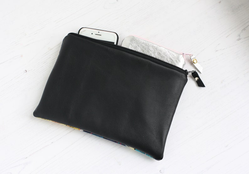 Smart bum bag for women Handmade in London Black leather belt bag with floral fabric