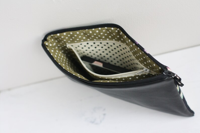 Smart bum bag for women Handmade in London Black leather belt bag with floral fabric
