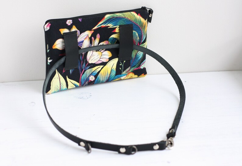 Smart bum bag for women Handmade in London Black leather belt bag with floral fabric