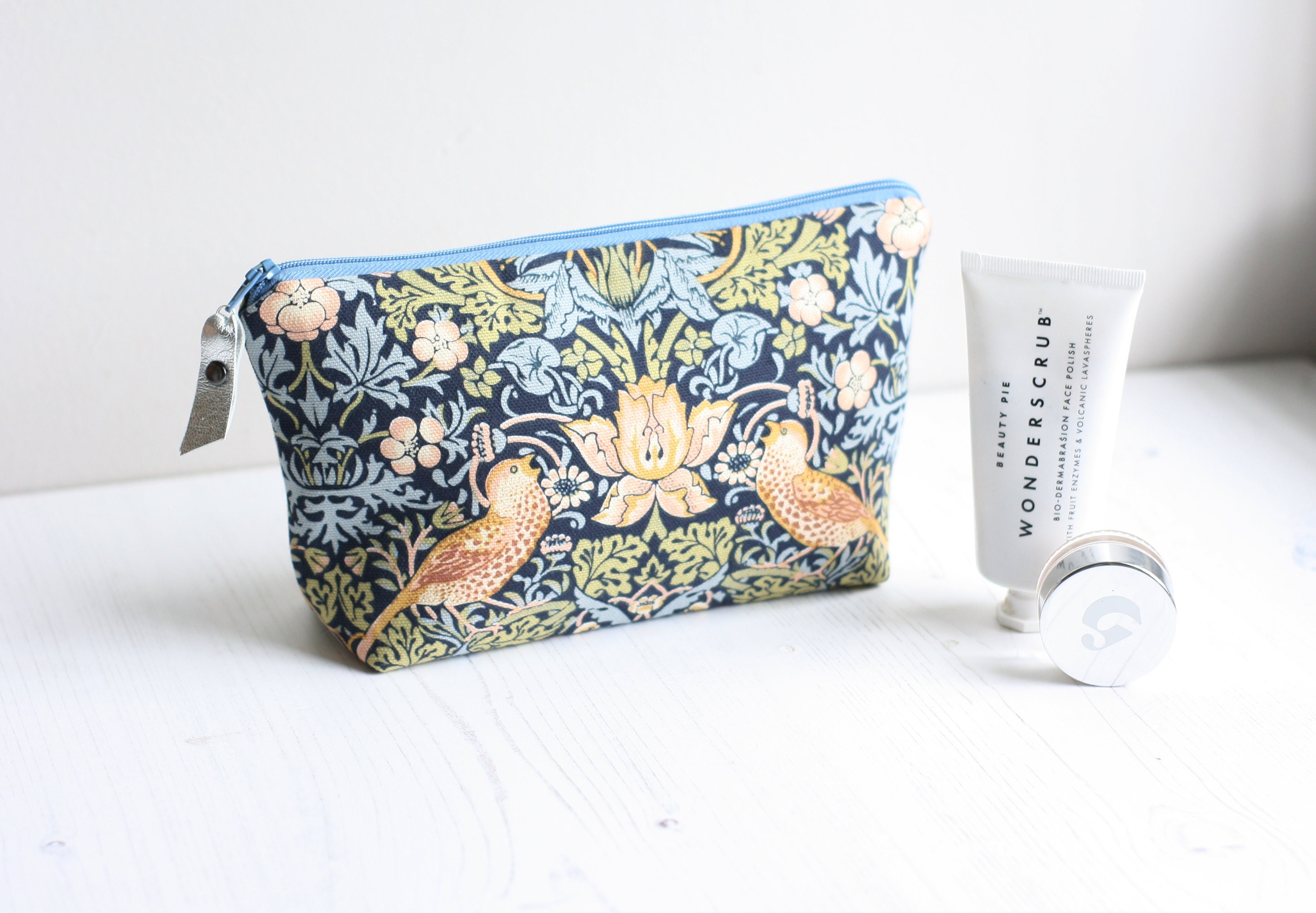 Blue fabric toiletry bag with waterproof lining made from a Etsy
