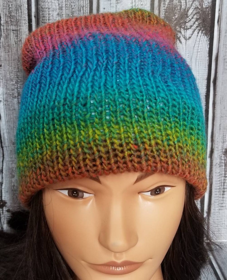 Rainbow double layered knit beanie colorful rainbow winter hat.