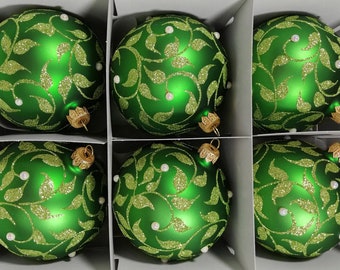 Set of 6 Handmade Green Glass Baubles, Hand-painted Ornaments, Holiday Decor, Christmas Balls, Polish Glass Balls, Handmade Ornaments - 069