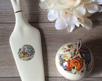 Vintage ceramic Potpourri Ball and Cake Server Home Decor Set / Victorian Ceramic Pomander fill with perfumed flowers / Vintage Potpourri