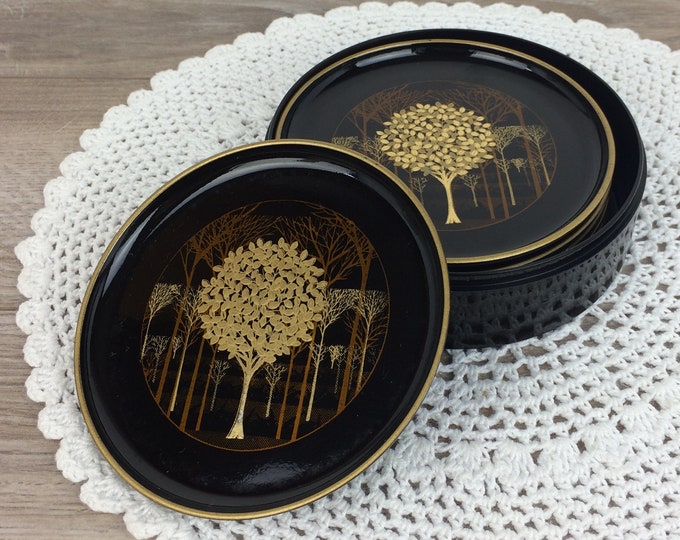 Vintage Japanese Coasters Black Lacquer and Gold Tree Design Etsy