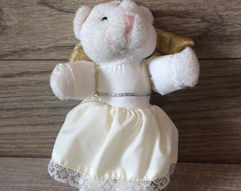 White Christmas Tree Ornament / Angel Bear / Vintage Plush Bear in White and Gold 6 inch / Vintage Christmas tree Decoration / Gift