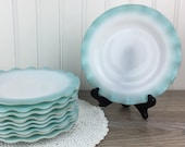 Vintage Hazel Atlas Turquoise Crinoline 7 39 39 Bread or Dessert Plates, Set of 10, White Glass w Aqua Blue Ruffle Ripple, Retro 50 39 s Kitchen