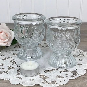 Set of 2 Vintage Reversible Candle Holders for Tealights or Candlesticks, Fans & Diamond Cut Pattern, Pressed Cut Glass, Romantic Gift