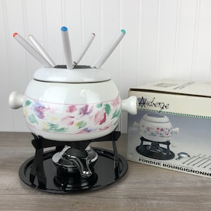 Vintage Fondue Set, White Enamel Fondue Pot, Warmer Stand, Burner, Forks, Box, Retro 80&#39;s New Wave, Pop Art Mod, Romantic, VTG Dinner Party