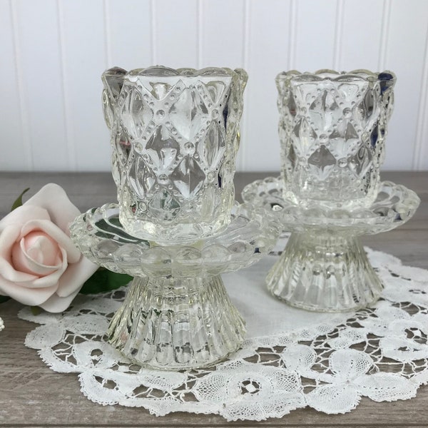 Pair of Vintage Partylite Candle Holders, Clear Glass Votive Cup with Base, Set of 2, Quilted Pattern, Romantic, Shabby Chic, Collection