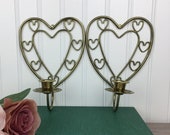 Vintage Gold Sconces, Pair of Heart Shaped Wall Candle Holders, Set of 2 Brass Candlesticks, Brass Home Decor, Shabby Chic, Romantic, Gift