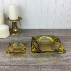 Vintage Amber Glass Ashtray Set, Set of 2 Modern Mid-Century Ashtrays, Thick Glass, Yellow, Geometric, Square, Pop Art, Retro Barware, Gift