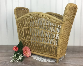 Vintage Wicker Magazine Rack, Newspaper Holder, Natural Rattan Storage Pocket, Retro Boho Chic Eclectic, Bathroom Decor, Office Organizer