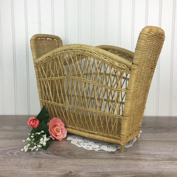 Vintage Wicker Magazine Rack, Newspaper Holder, Natural Rattan Storage Pocket, Retro Boho Chic Eclectic, Bathroom Decor, Office Organizer