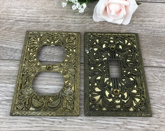 Vintage Antiqued Brass Filigree Switch Plate & Socket Cover Set, Mirrored Back, Swirl Leaf Ornate Brass Metal Outlet and Light Switch Covers