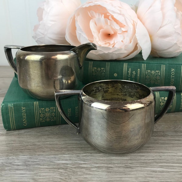 millésime Wm. A. Rogers Silver Plated Sugar Bowl and Creamer Set, SP on Copper, 2936, Silver Plate, Minimalist Design, VTG Home