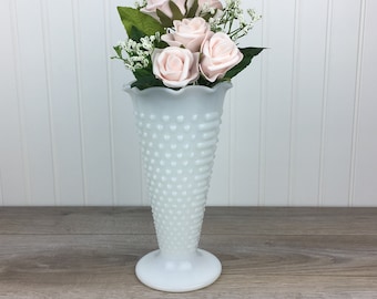 Vintage Hobnail Milk Glass Flower Vase, Large Milk Glass Footed Vase Scalloped Edge, Shabby Chic Home, Rustic Wedding Decor, Centerpiece