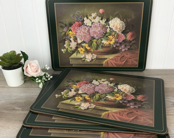 Vintage Pimpernel Cork Back Placemats, Set of 4, Signed G Hildebrandt, Flower Bouquet, Place